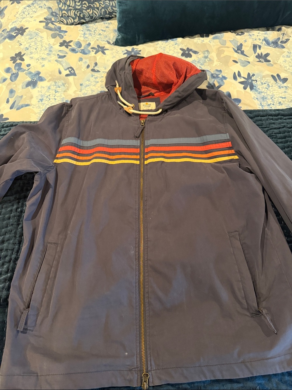 Marine Layer Navy Hooded Jacket with Stripe Detail
